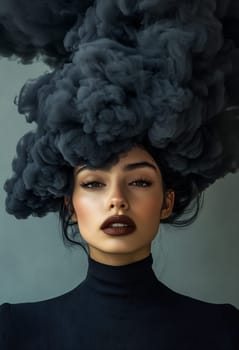 A model showcases an artistic hairstyle resembling dark clouds, creating a striking look with bold makeup against a neutral background.