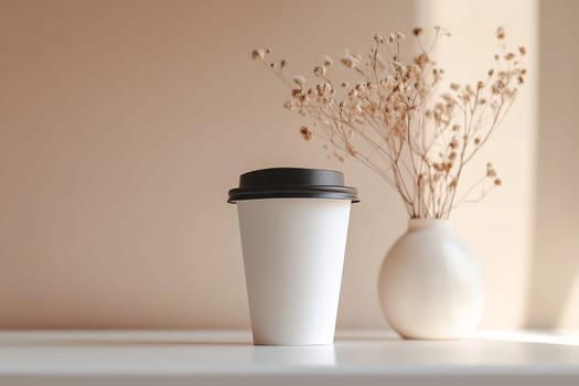 A simple scene of a coffee cup accompanied by a vase of dried flowers, illuminated by soft morning light on a table.