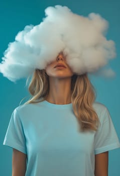 A woman stands in a blue room, her head obscured by fluffy clouds, creating a surreal and dreamlike atmosphere.