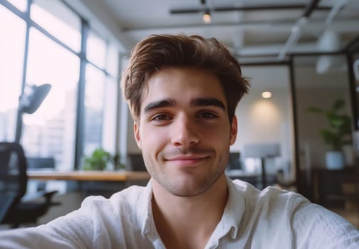 A young man with styled hair smiles warmly while sitting in a bright, contemporary office. Natural light fills the space.