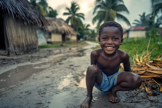 A cheerful boy crouches in a muddy lane, surrounded by tropical vegetation and thatched-roof houses in his village.