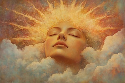 A beautiful figure with a serene expression emerges from fluffy clouds while golden rays of sunlight radiate in the background.