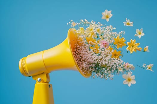 A yellow megaphone releases a burst of colorful flowers against a blue background, creating a vibrant and joyful visual.