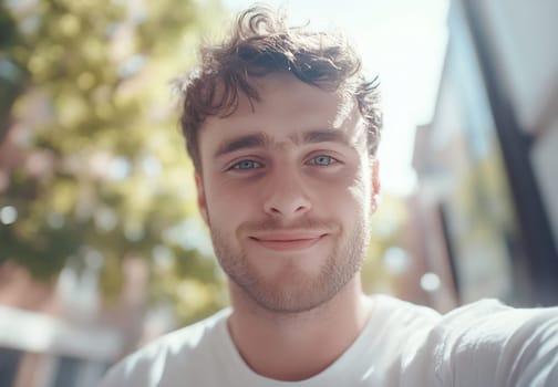 A young man with curly hair smiles brightly, enjoying a sunny day outdoors near trees and buildings.