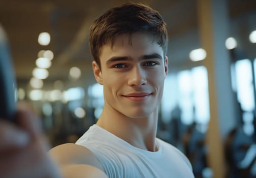 A young man smiles while capturing a selfie at the gym, showcasing fitness enthusiasm amidst workout equipment.