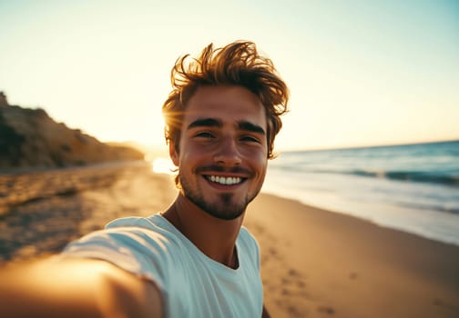 A young man smiles for a selfie while standing on a sandy beach during sunset, with waves gently lapping at the shore.