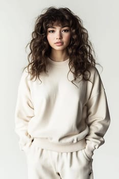 A young woman with curly hair stands confidently indoors, wearing a comfortable, neutral-toned sweatshirt and relaxed pants.