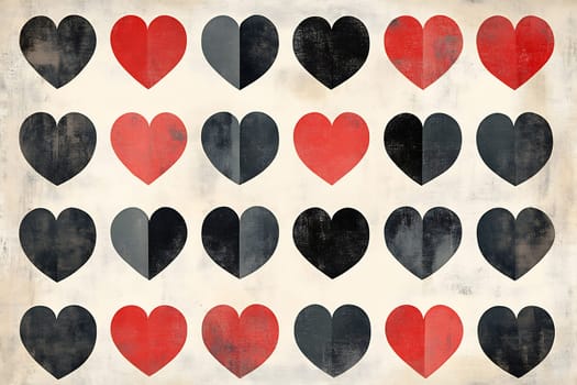 This artwork features a vibrant pattern of black and red heart shapes arranged in a grid on a light background.