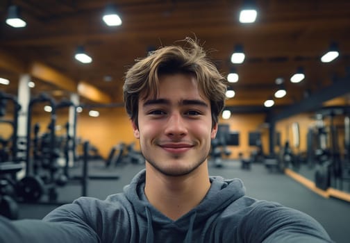 A young man takes a selfie in a gym, showcasing his fitness journey while surrounded by workout equipment.