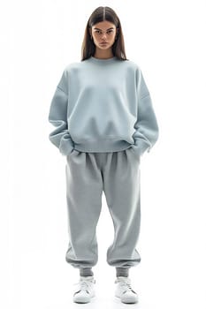 A model stands confidently in comfortable pastel loungewear, showcasing styling for relaxation or casual outings.