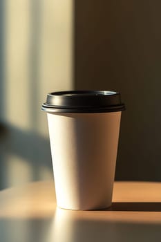 A plain coffee cup sits on a table, illuminated by warm sunlight, creating a peaceful morning ambiance.