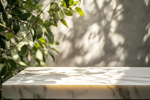 Sunlight creates intricate shadows on a marble table surrounded by lush green foliage indoors during midday.