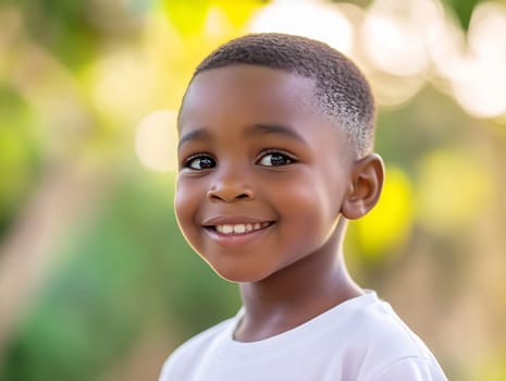 A young boy with a cheerful expression enjoys a sunny day outside, surrounded by a lush, green environment.