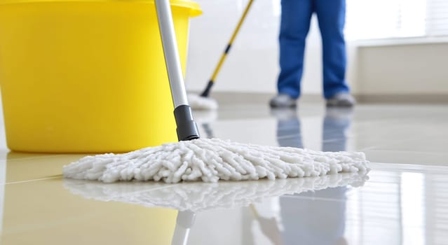Two individuals are mopping shiny floors in a well-lit indoor space, emphasizing cleanliness and hygiene.