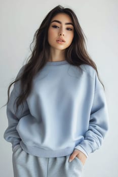 A young woman poses naturally in a cozy, light blue sweater, showcasing her long hair in a minimalist indoor setting.