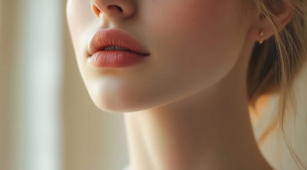 A woman poses with soft lips, showcasing natural beauty and subtle makeup in warm, inviting light by a window.