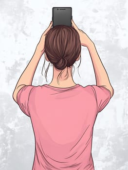 A person stands with their back to the camera, holding a smartphone above their head against a light gray background.