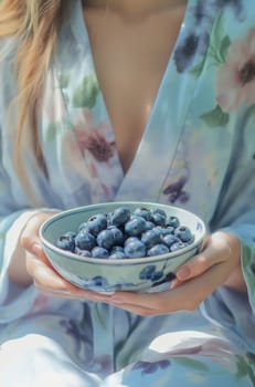 A person in a light floral robe presents a bowl brimming with plump, fresh blueberries, showcasing a cozy indoor setting.