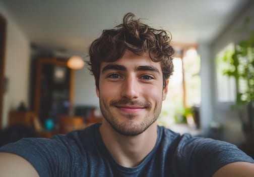 A cheerful young man smiles at the camera, illuminated by natural light in a cozy indoor setting filled with greenery.