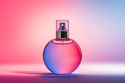 A beautifully designed perfume bottle sits against a vibrant gradient background, showcasing its elegant shape and colorful hues.