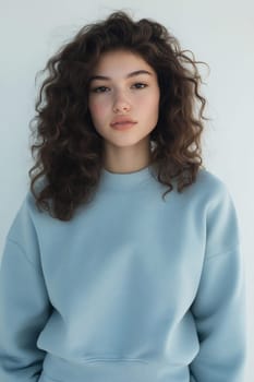 A young woman with curly hair wears a comfortable blue sweatshirt, posing against a plain background with an expressive gaze.