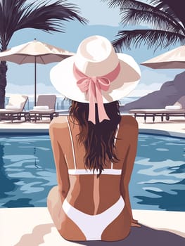 A woman in a white bikini enjoys a tranquil moment by a blue pool, surrounded by palm trees on a sunny day.