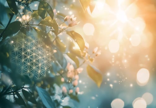 Delicate flowers bloom as sunlight streams through green foliage, creating a warm, dreamy atmosphere during springtime.