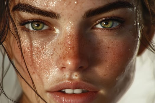 A young woman poses with dew-kissed skin, showcasing her green eyes and natural freckles. Sunlight enhances her youthful glow.