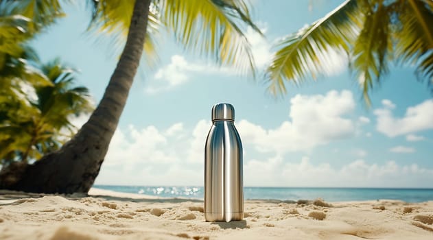 A sleek stainless steel water bottle sits on sunlit sand, surrounded by palm trees and a tranquil ocean view under a blue sky.