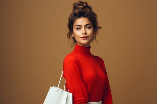 A stylish woman poses confidently with white shopping bags, showcasing her trendy outfit against a warm background.