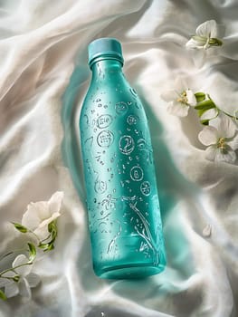 A turquoise water bottle lies on a soft fabric backdrop, surrounded by charming white flowers, conveying a sense of freshness and tranquility.