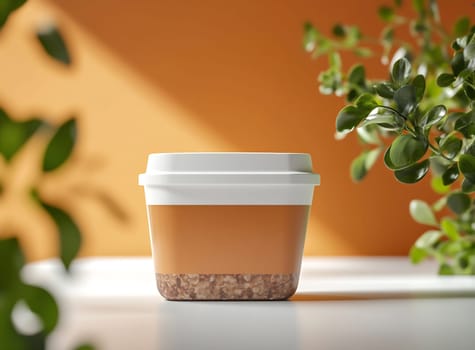 A stylish cup filled with a warm drink sits on a table, surrounded by plants and bathed in soft sunlight.