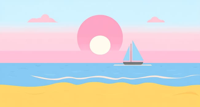 A tranquil scene unfolds as a sailboat glides across the calm sea at sunset, painted in soft pastel colors of pink and blue.