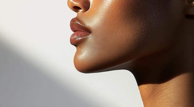 A close-up view showcases a person's smooth skin illuminated by soft lighting, highlighting facial contours and natural beauty.
