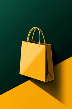 A bright yellow shopping bag stands upright on a contrasting green surface, emphasizing its shape and texture in a minimalist design.