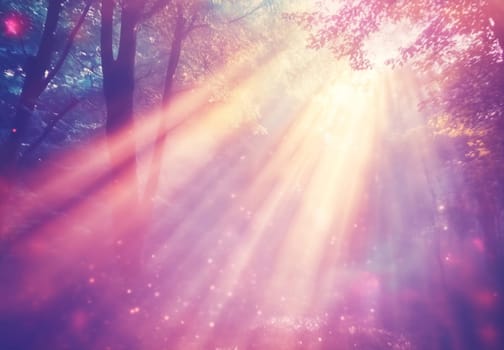 Bright rays of sunlight filter through lush trees in a serene forest, creating a magical and vibrant atmosphere during the day.