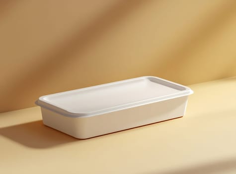 A modern white rectangular container rests on a smooth surface, illuminated by warm light, suggesting minimalistic design.