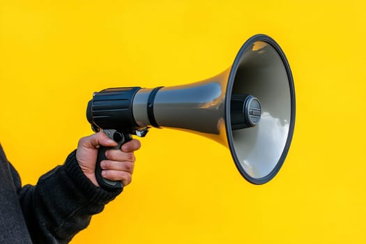 A person grips a megaphone tightly, ready to amplify their voice against a vibrant yellow background.