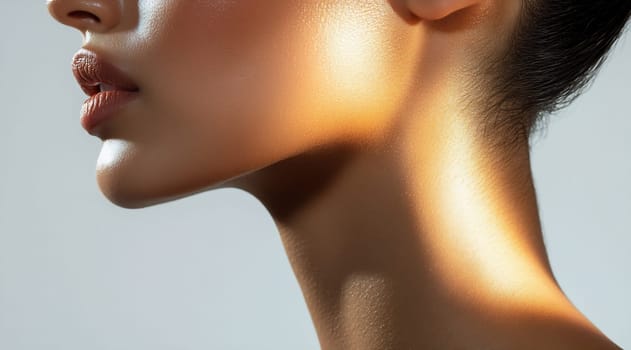 A woman showcases her elegant profile illuminated by soft natural light, highlighting her smooth skin and graceful features.