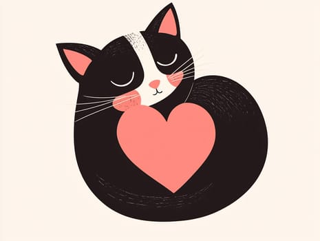 A cartoon cat relaxes with its eyes closed, featuring a heart shape in its design, conveying a sense of love and tranquility.
