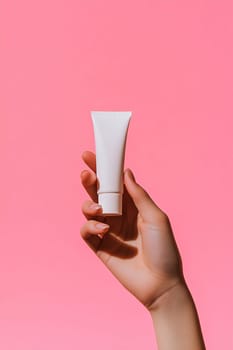 A person's hand delicately holds a small white cream tube in front of a vibrant pink background, showcasing a skincare product.