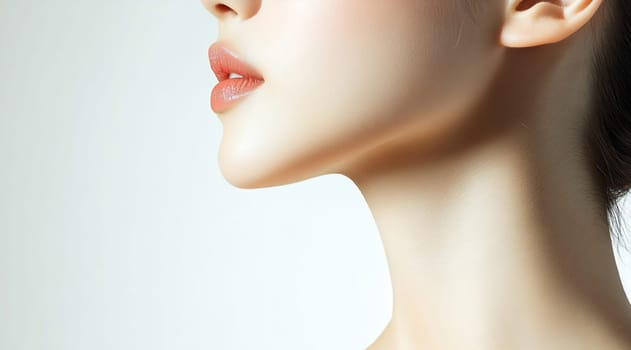 A woman poses gracefully, showcasing her elegant profile and smooth features in soft, even lighting.