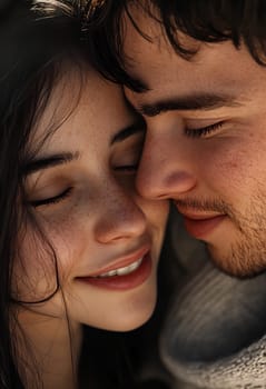 A couple leans close together, sharing a gentle embrace and smile while enjoying a quiet moment of affection outdoors.
