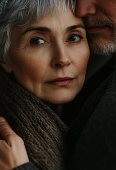 A couple embraces closely, capturing a tender moment filled with warmth and connection. Their expressions convey deep emotions.