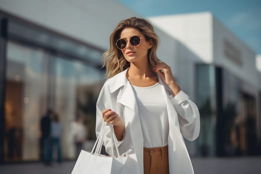 A woman wearing sunglasses and a white jacket strolls through an outdoor shopping mall, holding a shopping bag and enjoying the day.
