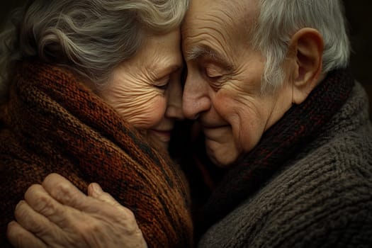 An elderly couple embraces warmly, sharing an intimate moment while wrapped in their cozy scarves, radiating love and companionship.