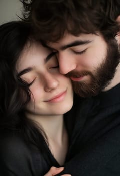 A young couple embraces warmly, eyes closed, in a cozy indoor setting, capturing a moment of intimacy and connection.