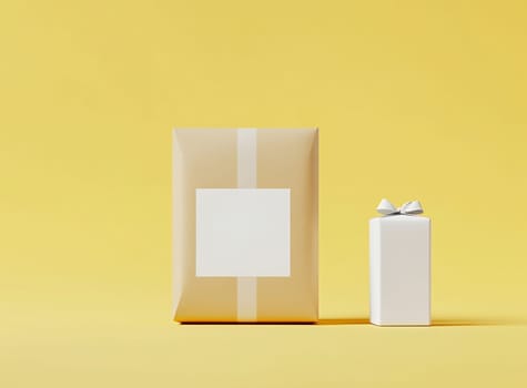 Two carefully wrapped gifts sit on a vibrant yellow background, showcasing simple designs and colors, ready for a special occasion.