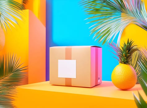 A vibrant package sits among tropical plants and bright backgrounds in a playful arrangement, showcasing a fun, modern aesthetic.