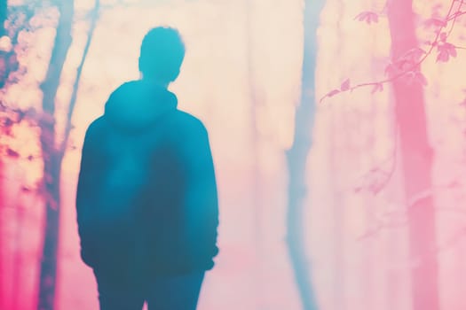 A person stands alone in a colorful forest, surrounded by mist and soft light at dusk, creating an ethereal atmosphere.